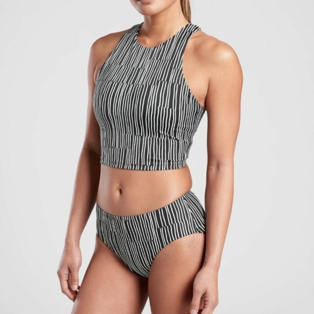 Athleta Cove Black & White Stripe Conscious Crop High Neck Racerback Bikini Sz S